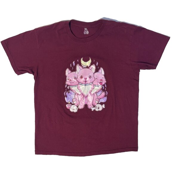 Kawaii Pastel Goth Creepy Occult Cerberus Anime Tshirt - XL Maroon Graphic Tee - Picture 1 of 4